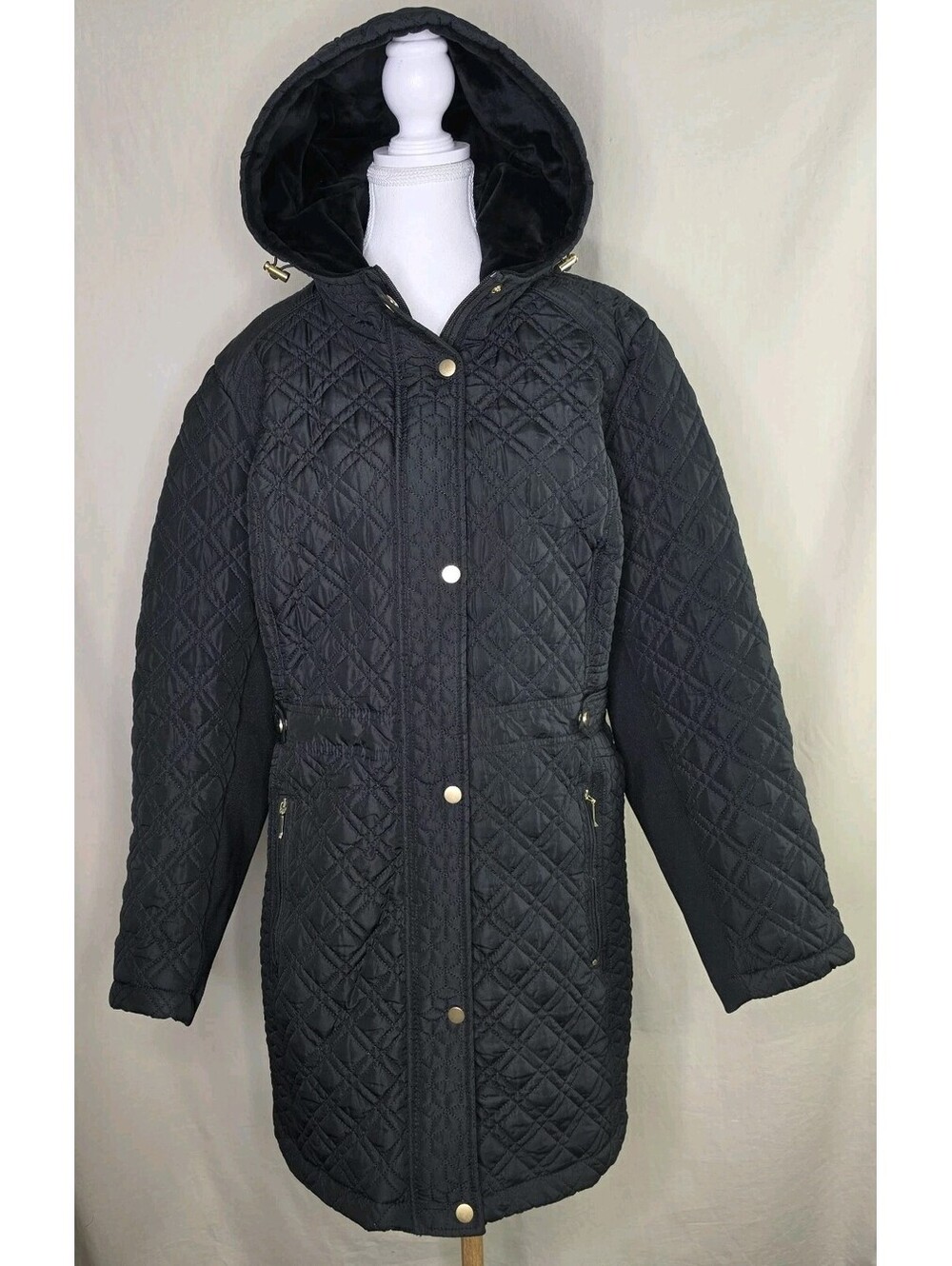 Ellen Tracy Womens Black Quilted Walker Jacket Hooded Coat Size 2XL Gold...